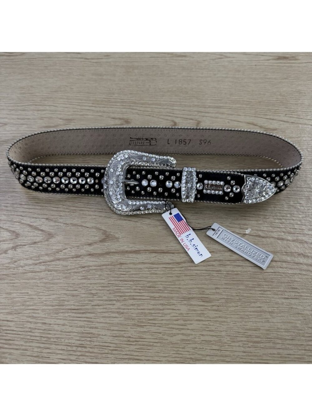 B.B. Simon Swarovski Crystal Studded Leather Belt Black L Made USA New Defect